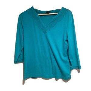 Talbots Turquoise Embroidered V Neck 3/4 Sleeve Knit Top